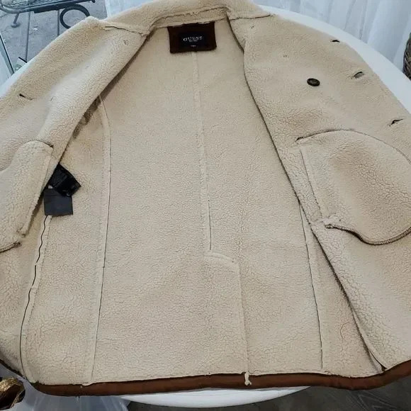 GUESS MENS FAUX-SHEARLING COGNAC OVERCOAT SIZE M NWOT-NEW WITHOUT TAGS - Picture 5 of 14